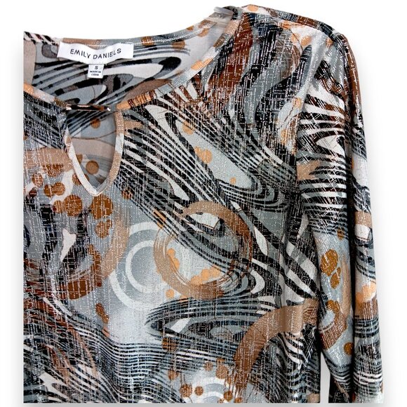 EMILY DANIELS-Women's Top-Brushed Abstract-3/4 Sleeve-SMALL-Black-Gray-Tan-White - Picture 11 of 15